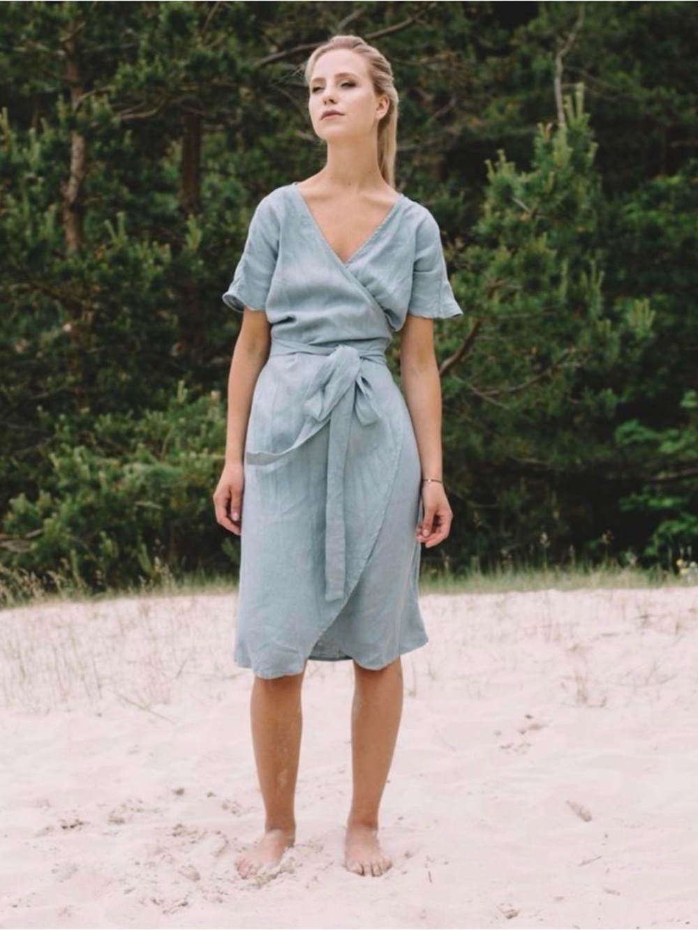 Linenfox Charcoal Gray Linen Midi Wrap Dress